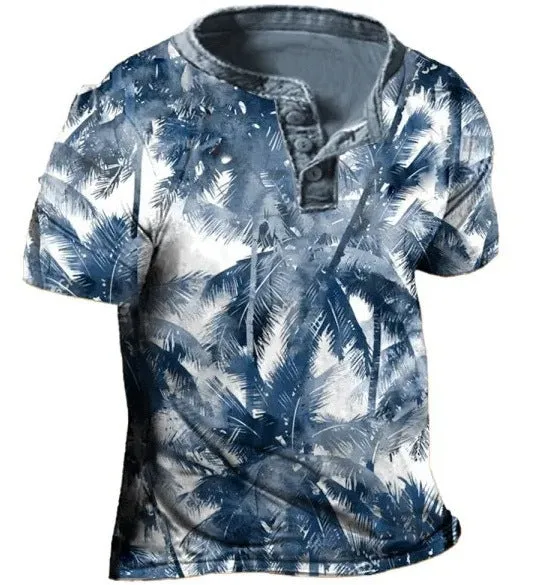 Men's blue short sleeve sports shirt with 3D printed pattern, button front, and lapel.