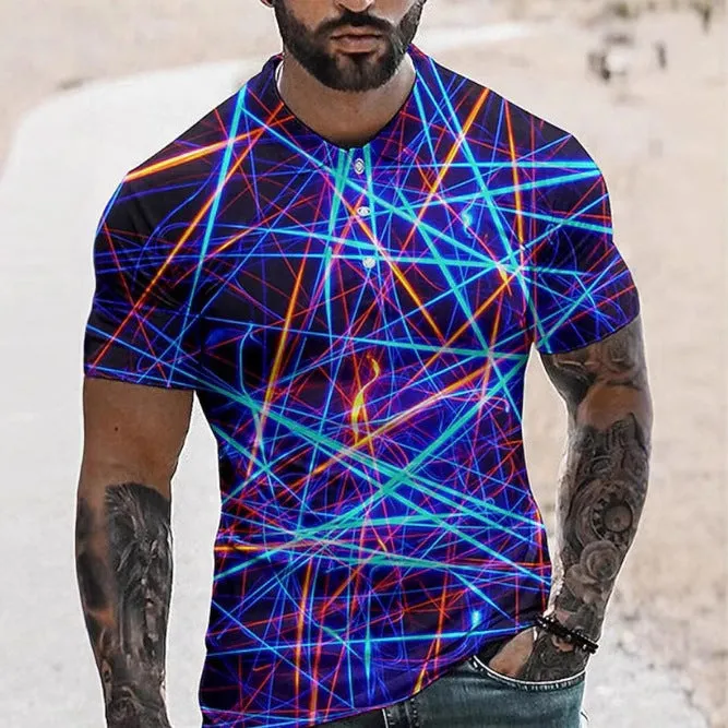 Men's blue short sleeve sports shirt with 3D printed pattern, button front, and lapel.