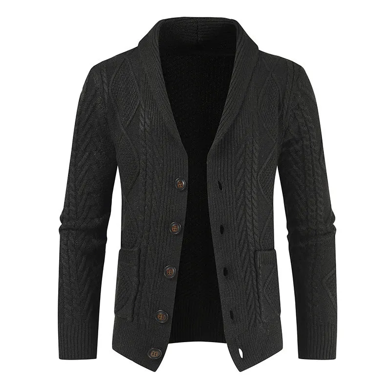 Men's knitted cardigan v-neck loose thick sweater jacket in black, front view