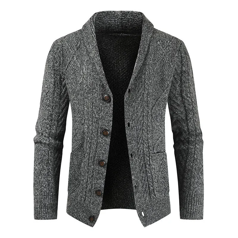 Men's knitted cardigan v-neck loose thick sweater jacket in black, front view