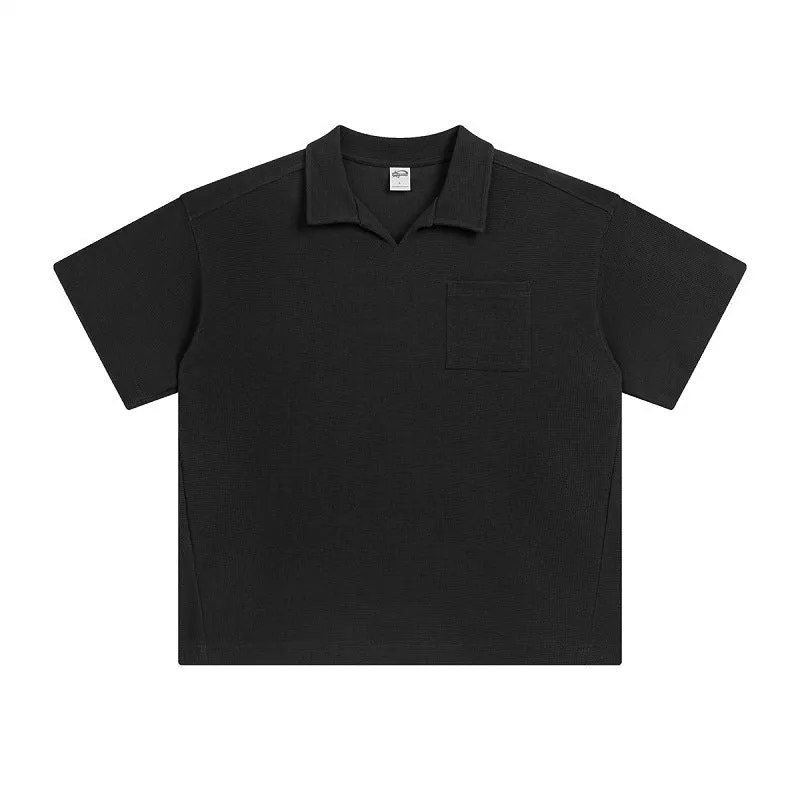 Cotton loose-fit drop-shoulder short sleeve top in Paris forest green, front view, with simple lapel neckline