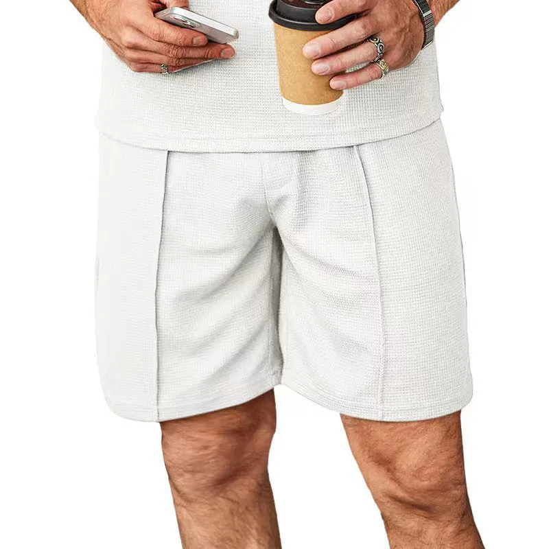 Men's plus size straight leg casual shorts in khaki, polyester with elastic waist, side view