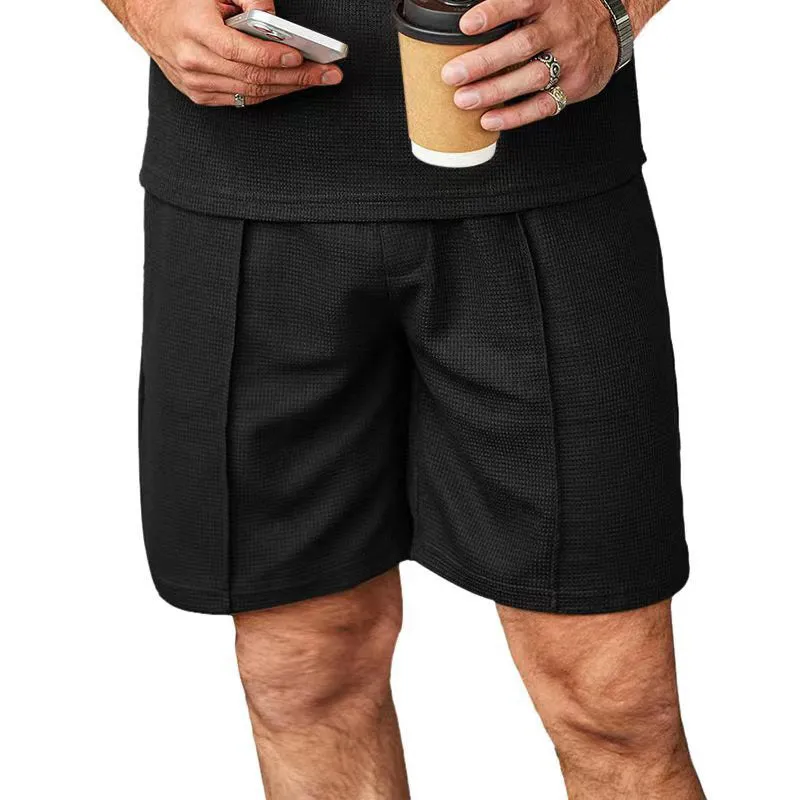 Men's plus size straight leg casual shorts in khaki, polyester with elastic waist, side view