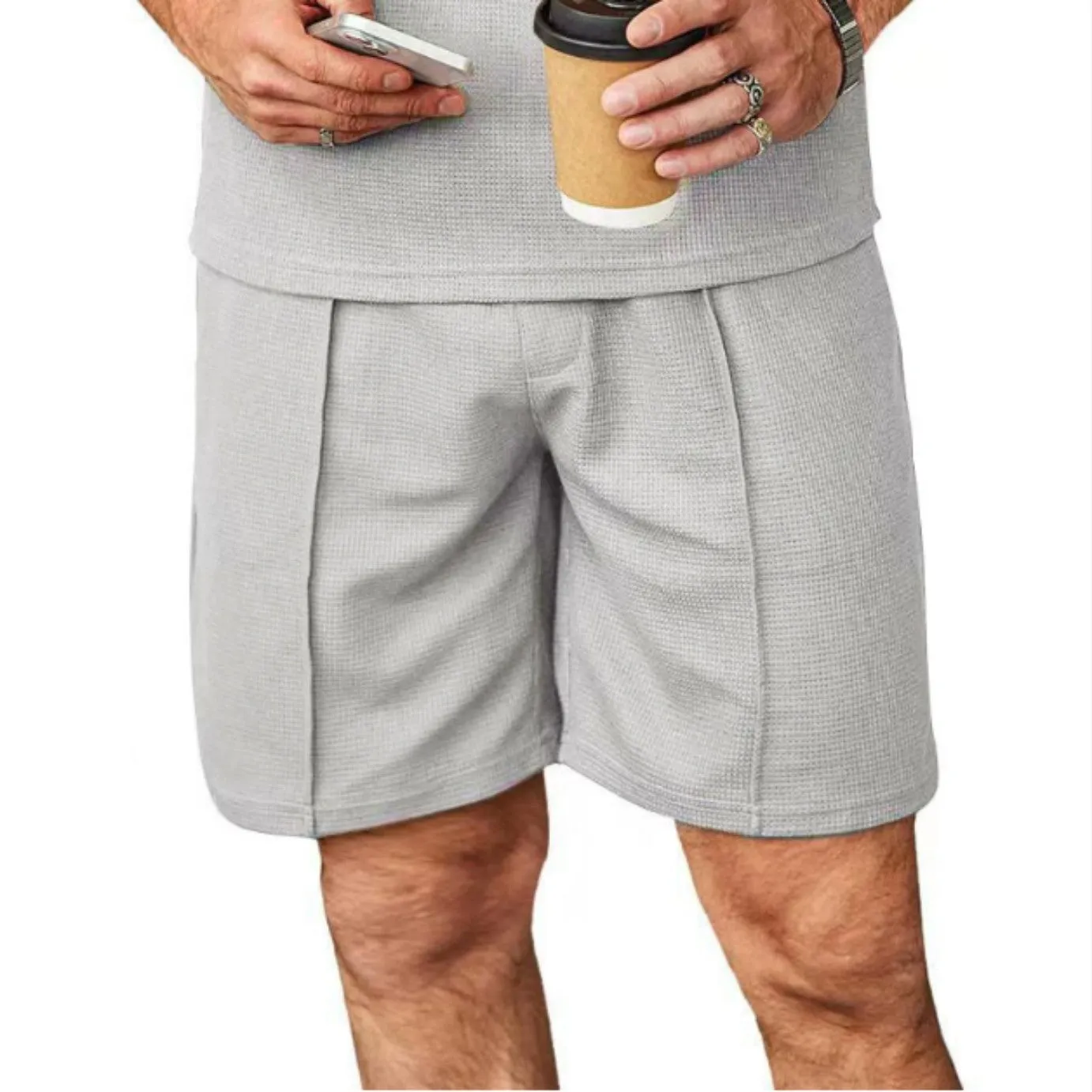 Men's plus size straight leg casual shorts in khaki, polyester with elastic waist, side view