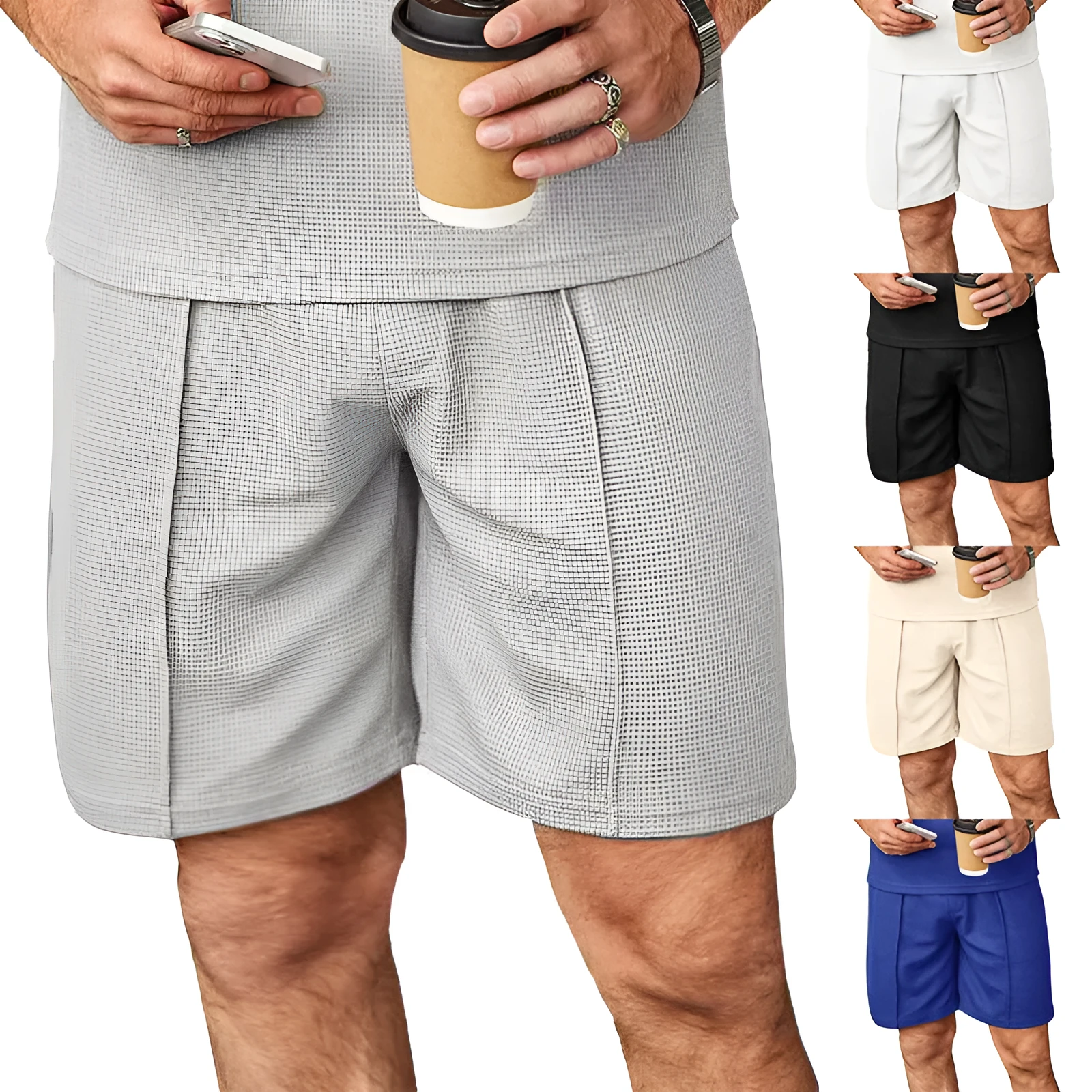 Men's plus size straight leg casual shorts in khaki, polyester with elastic waist, side view