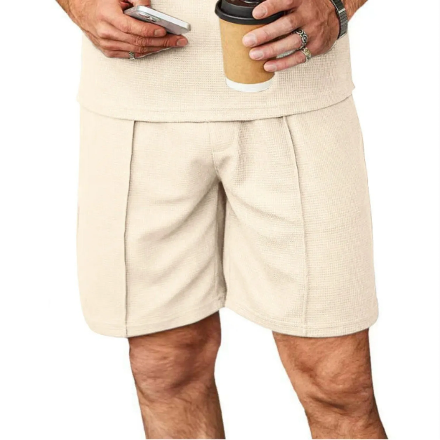 Men's plus size straight leg casual shorts in khaki, polyester with elastic waist, side view