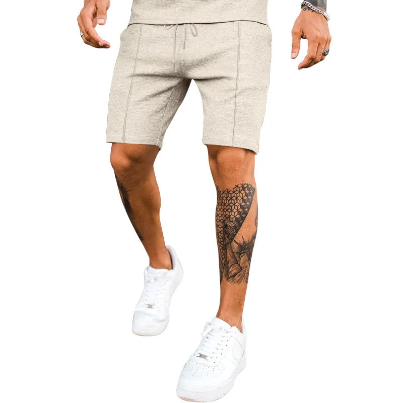 Men's plus size straight leg casual shorts in khaki, polyester with elastic waist, side view