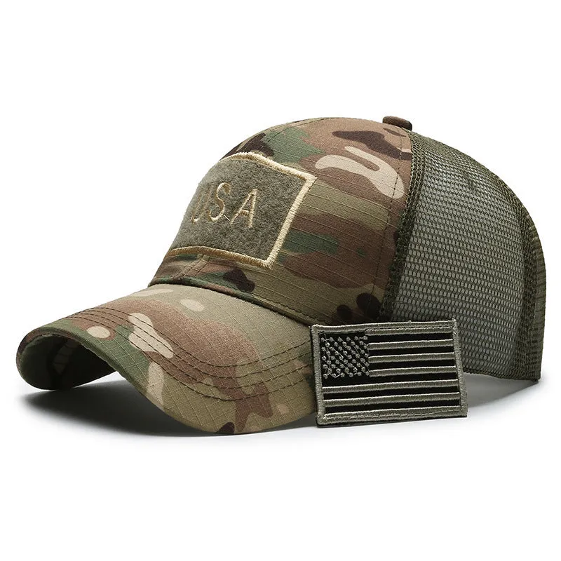Adjustable Velcro tactical camouflage baseball cap with machine embroidery on cotton dome crown