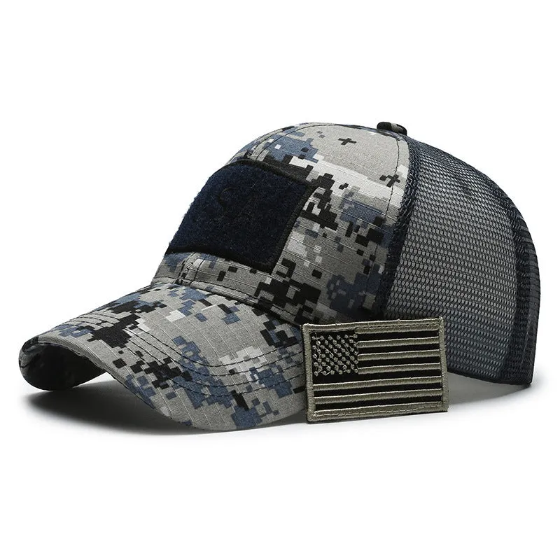 Adjustable Velcro tactical camouflage baseball cap with machine embroidery on cotton dome crown