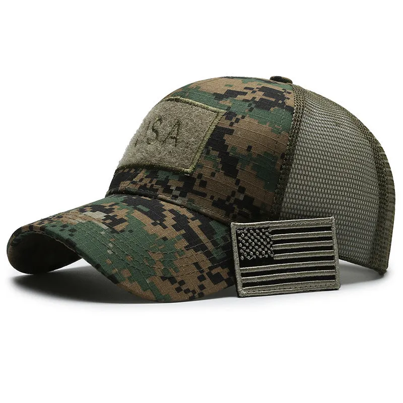 Adjustable Velcro tactical camouflage baseball cap with machine embroidery on cotton dome crown