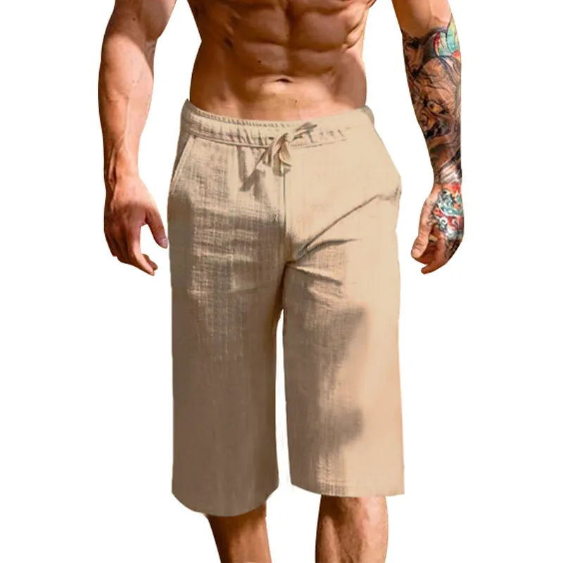 Men's loose linen blend cropped pants in khaki, shown on model, mid-waist straight leg
