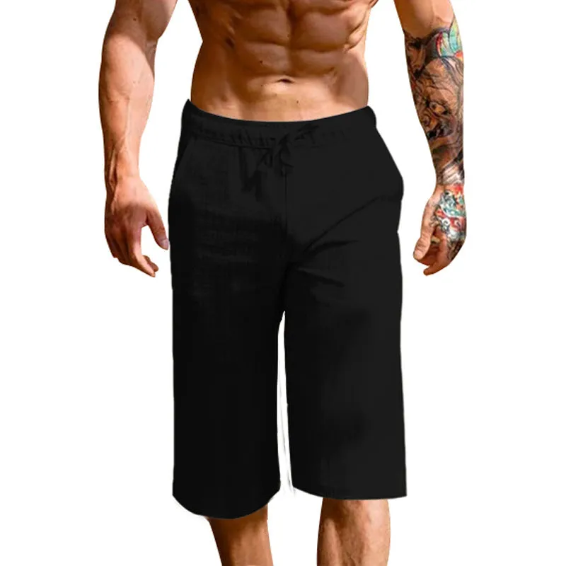 Men's loose linen blend cropped pants in khaki, shown on model, mid-waist straight leg