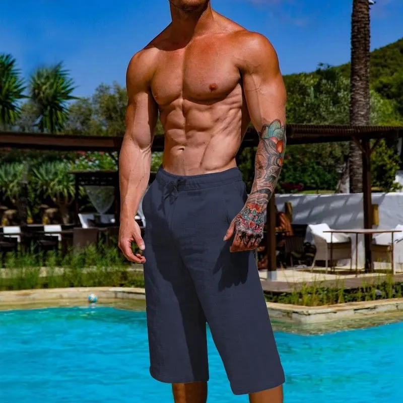 Men's loose linen blend cropped pants in khaki, shown on model, mid-waist straight leg