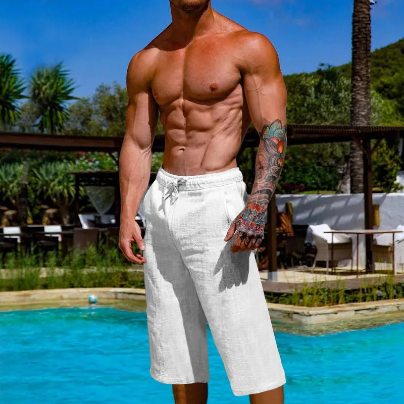 Men's loose linen blend cropped pants in khaki, shown on model, mid-waist straight leg