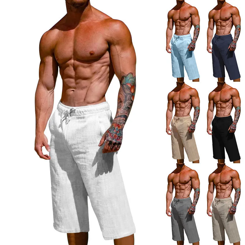 Men's loose linen blend cropped pants in khaki, shown on model, mid-waist straight leg