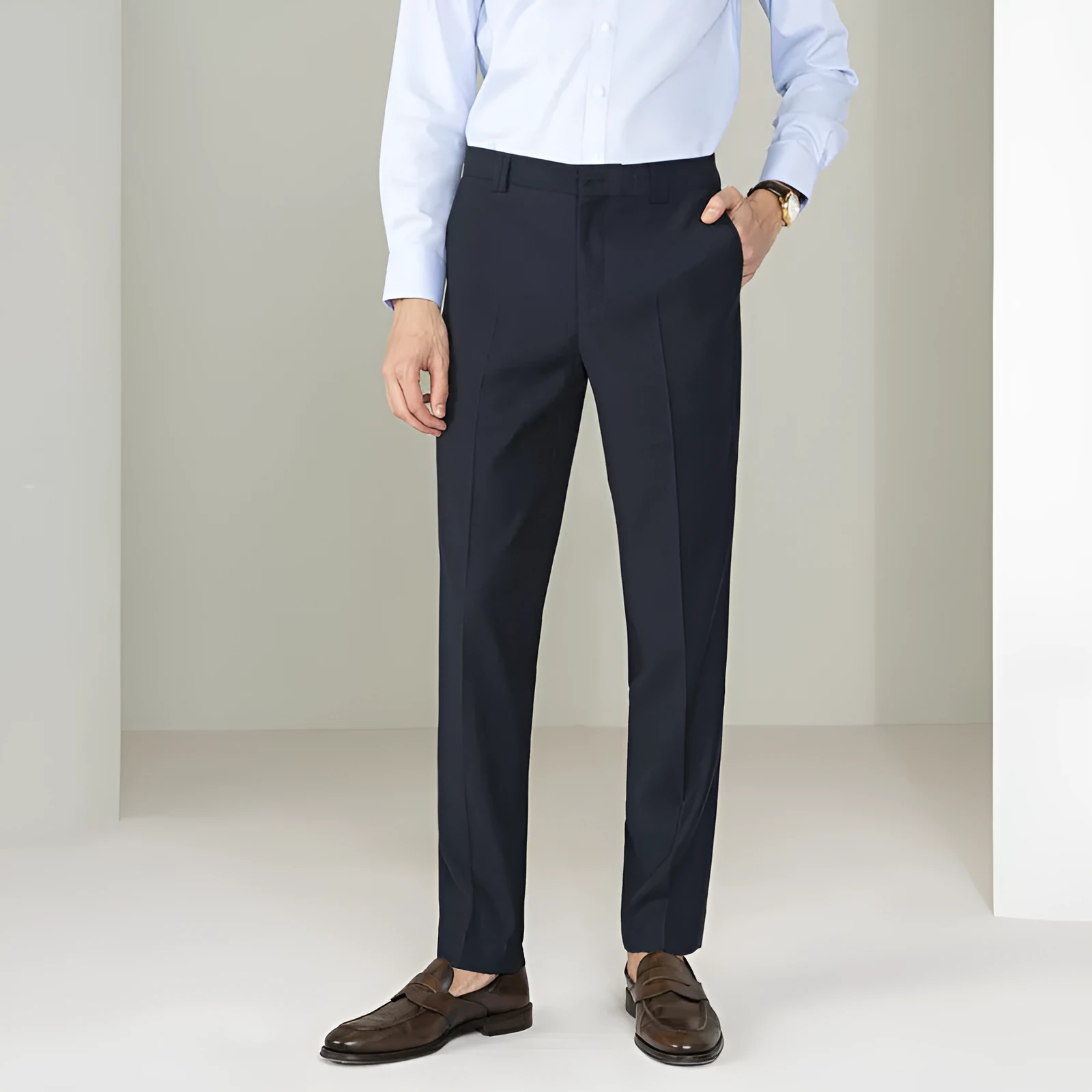Formal straight-leg trousers in black chemical fibre blend fabric for business wear