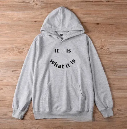 Fleece-lined hoodie sweater with smiley face print, regular fit, long sleeves, polyester fabric, available in black and pink