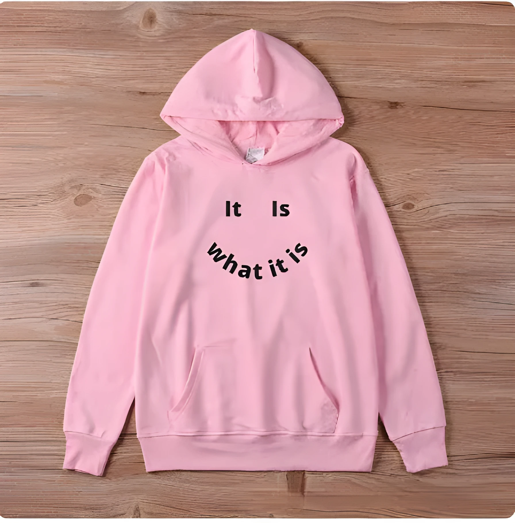 Fleece-lined hoodie sweater with smiley face print, regular fit, long sleeves, polyester fabric, available in black and pink