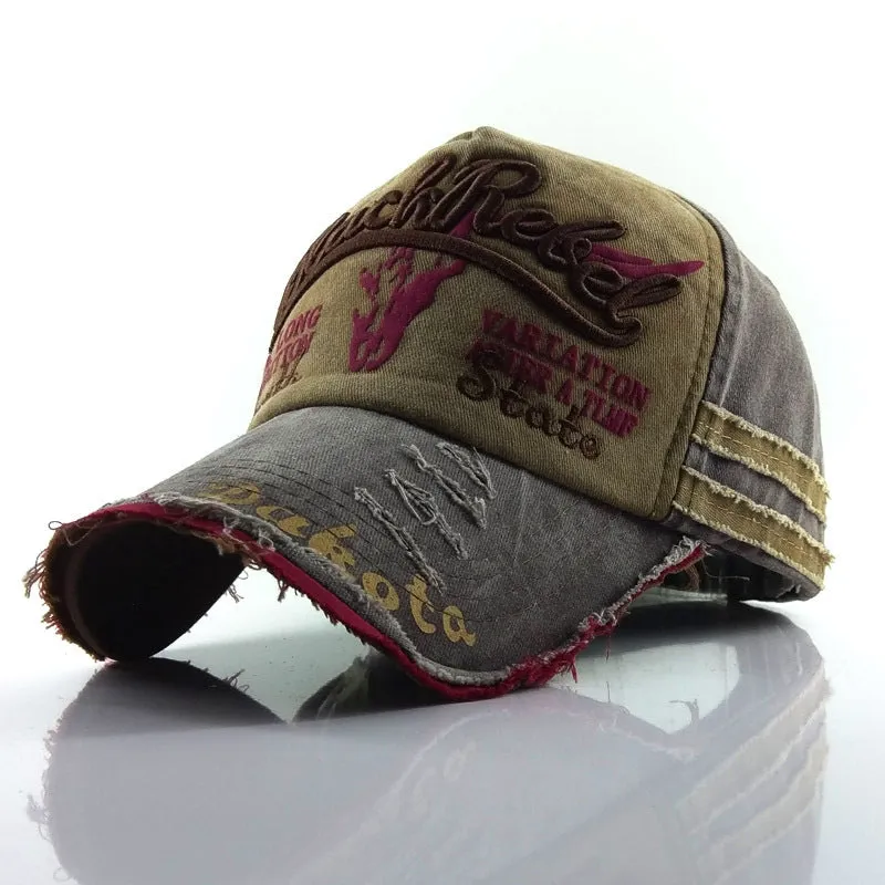 Duck cap made of cotton twill with embroidered old bull head, dome crown, available in six colours