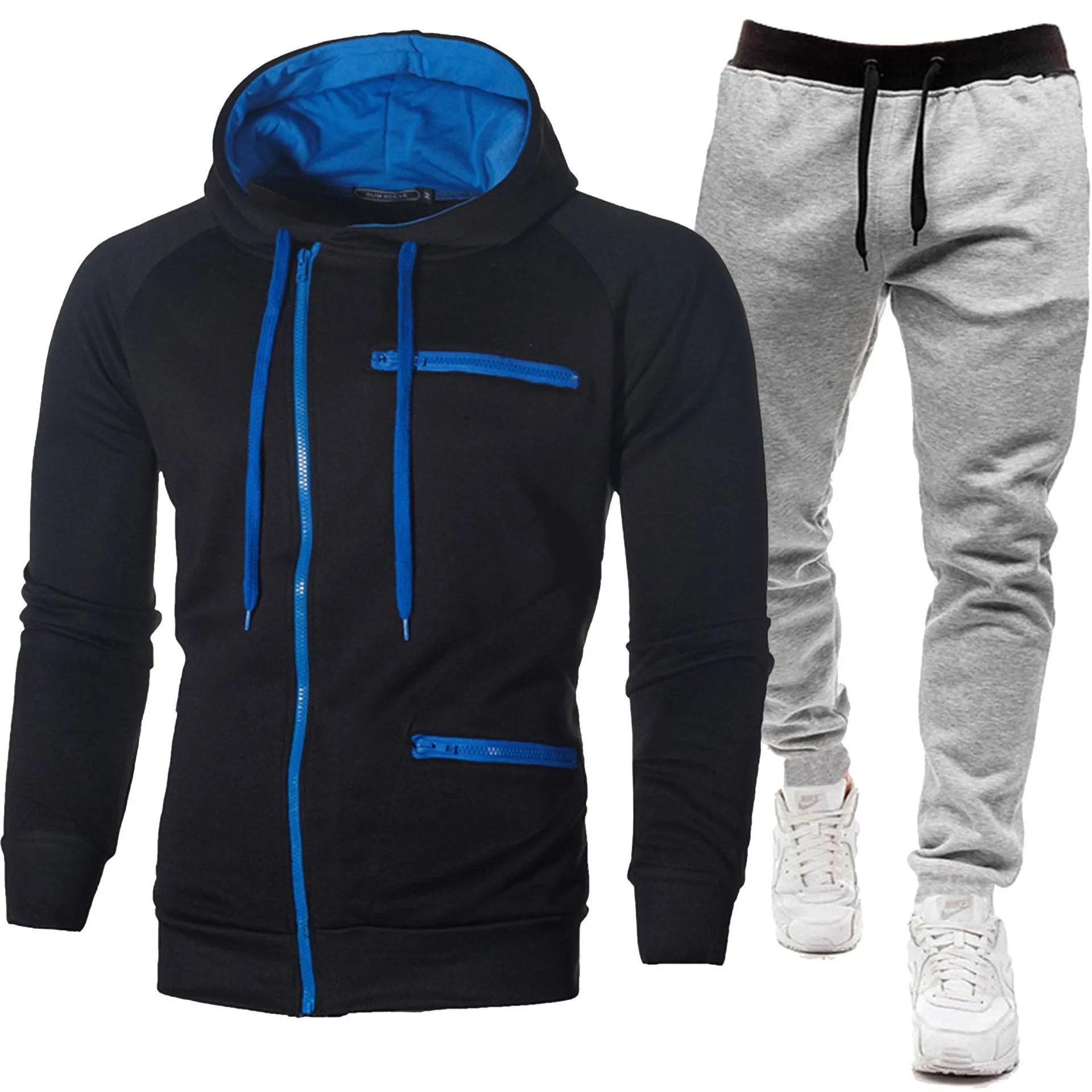 Men's solid colour cotton blend fleece hooded cardigan and trousers matching set in black and gray
