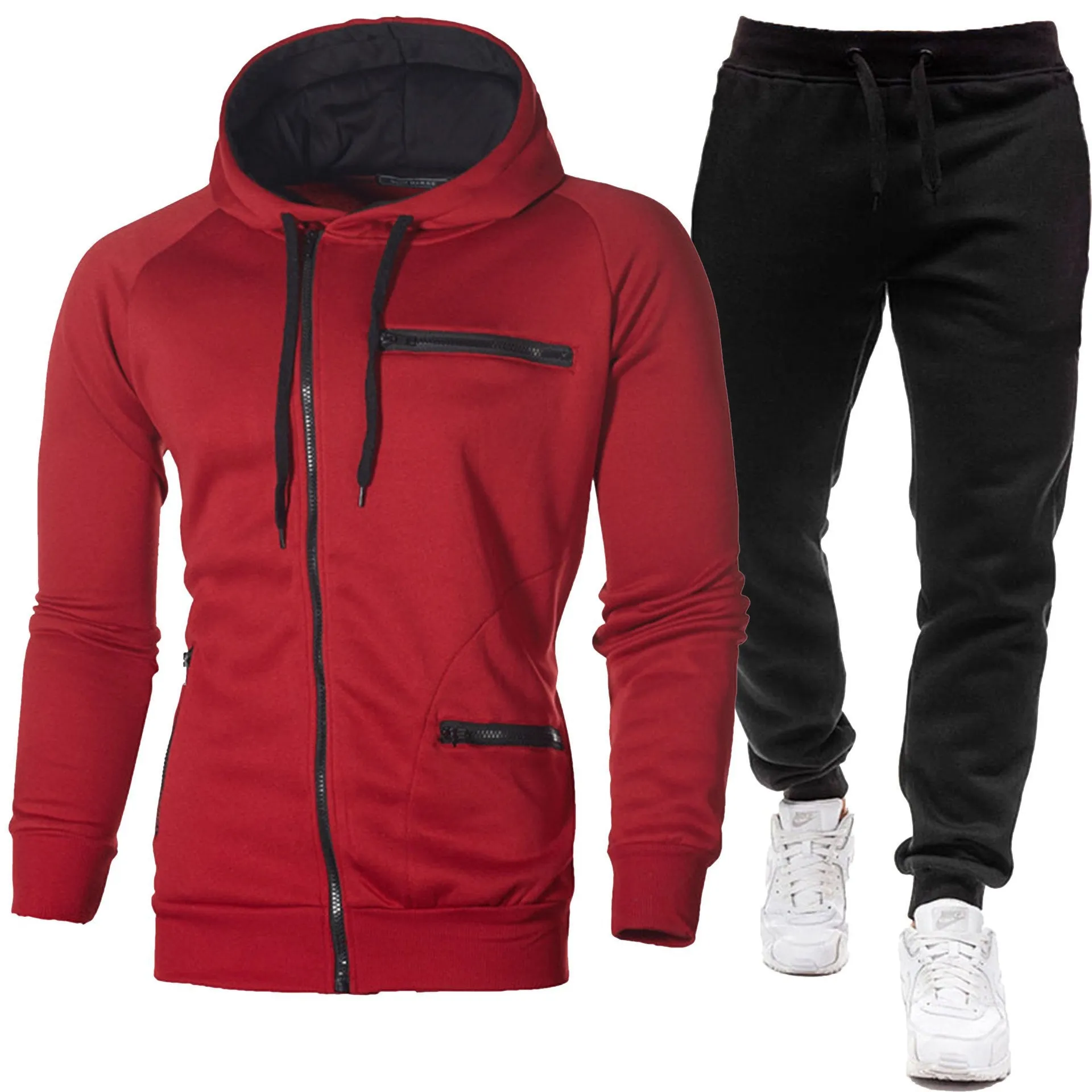 Men's solid colour cotton blend fleece hooded cardigan and trousers matching set in black and gray