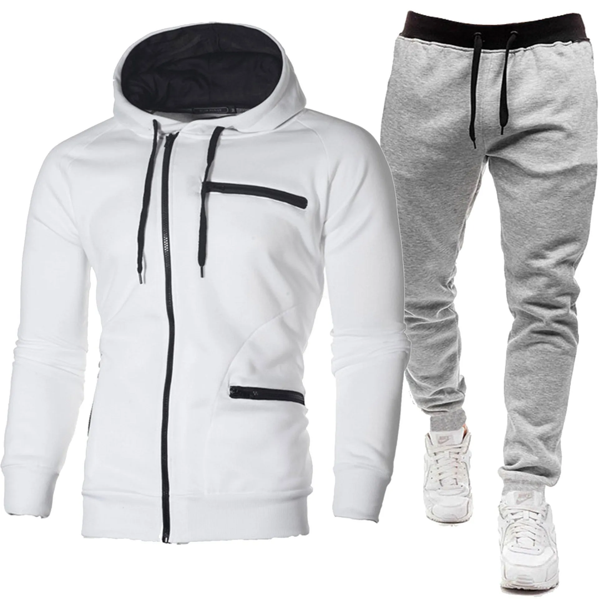Men's solid colour cotton blend fleece hooded cardigan and trousers matching set in black and gray