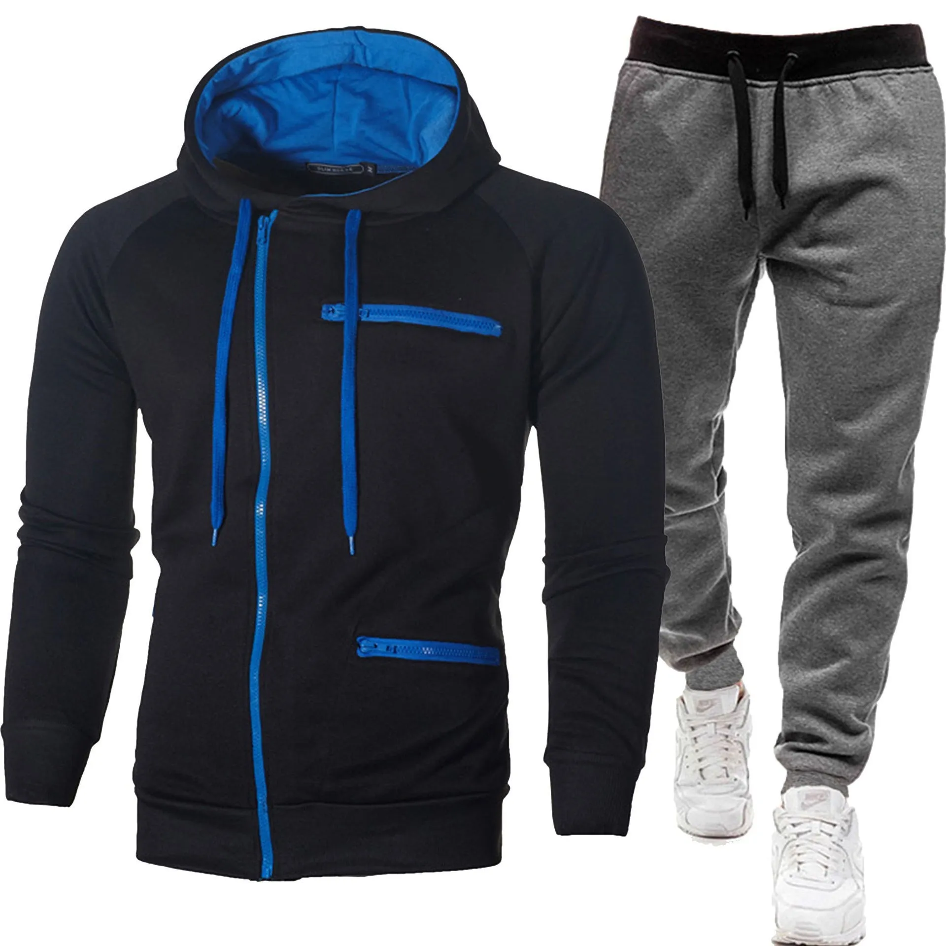 Men's solid colour cotton blend fleece hooded cardigan and trousers matching set in black and gray