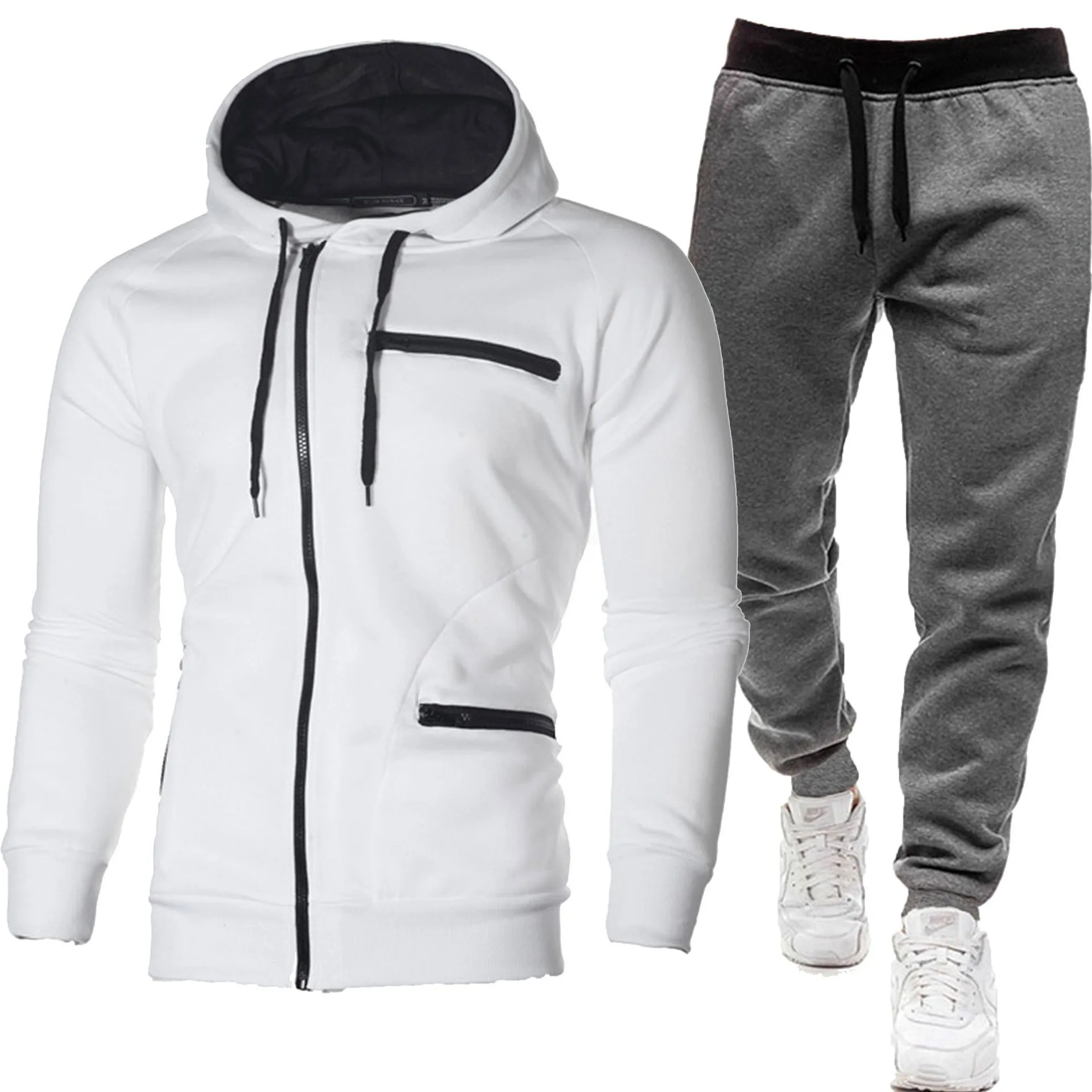 Men's solid colour cotton blend fleece hooded cardigan and trousers matching set in black and gray