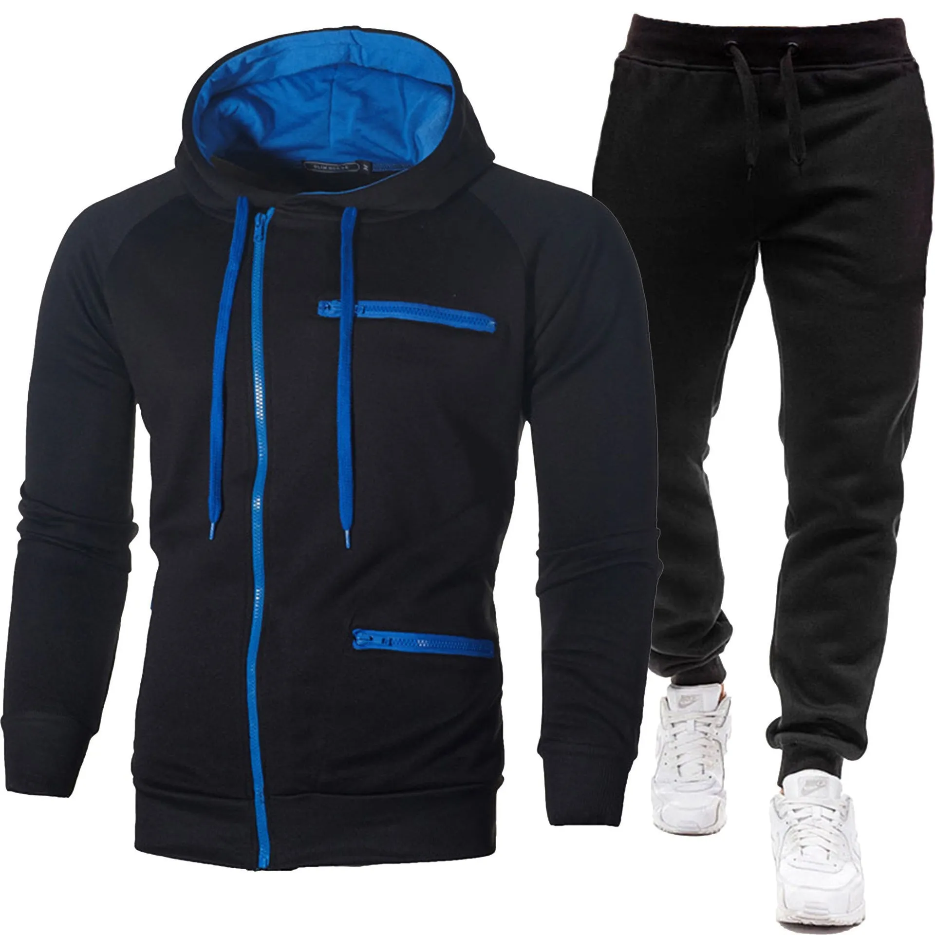 Men's solid colour cotton blend fleece hooded cardigan and trousers matching set in black and gray