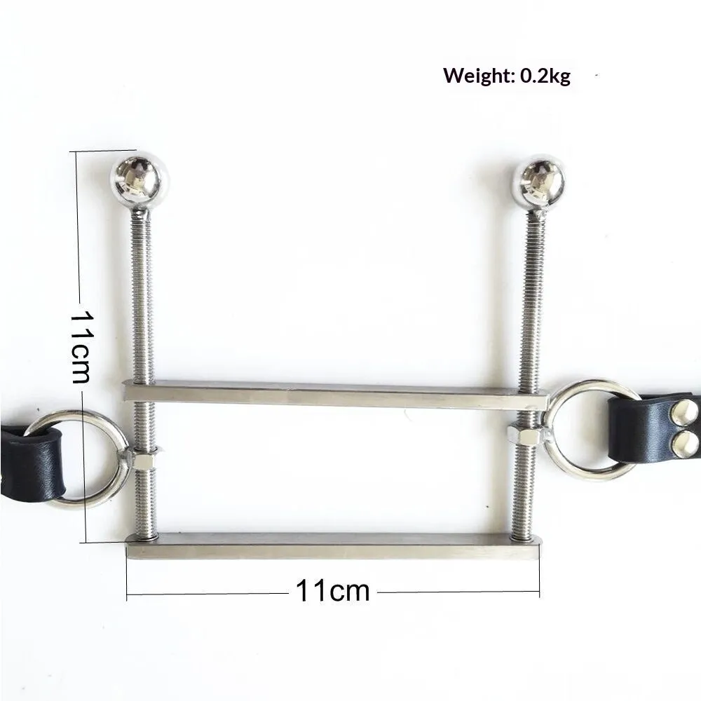 Stainless steel BDSM gag in black with metal ring and buckle straps