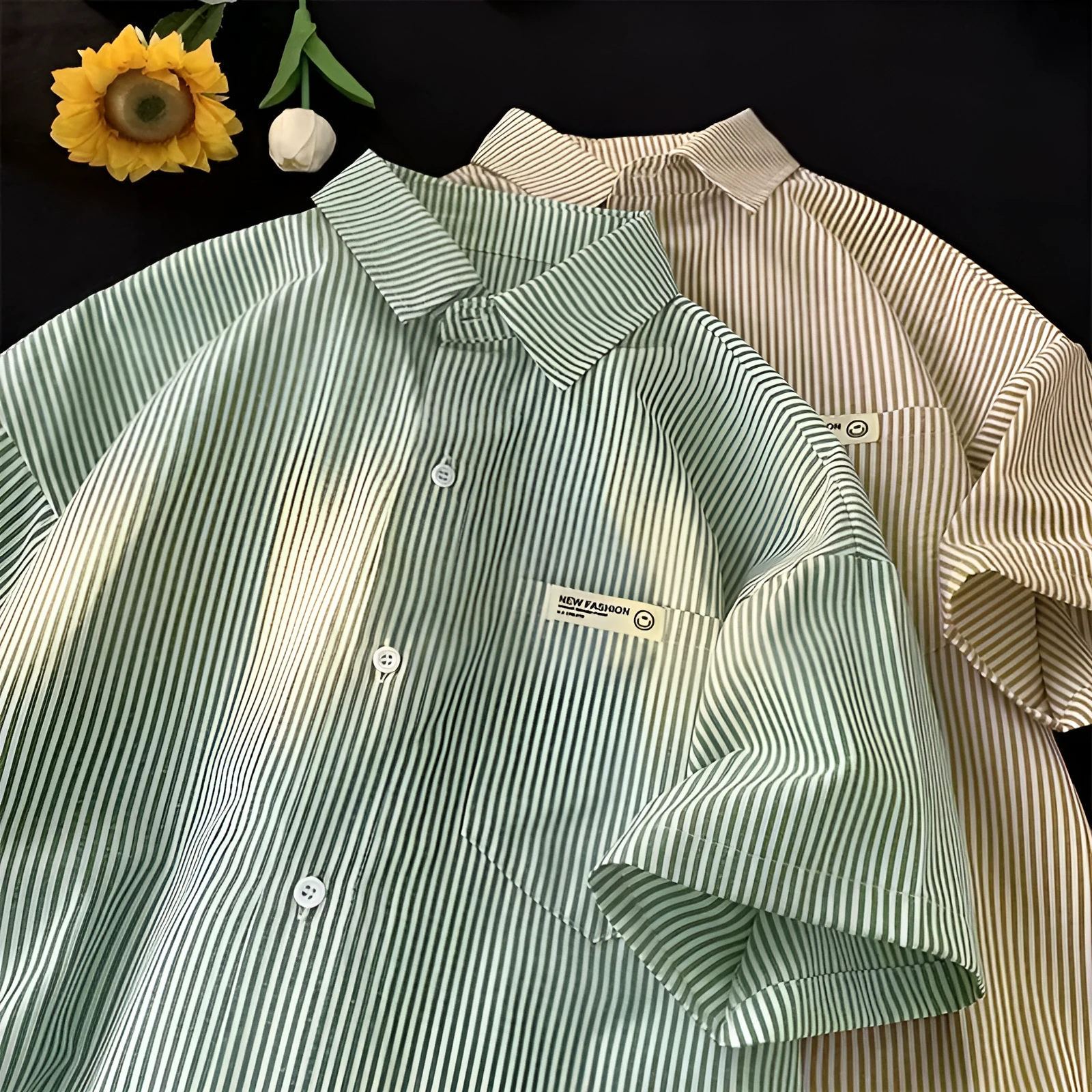 Blue or green striped loose fit plus size half sleeve shirt in cardigan style