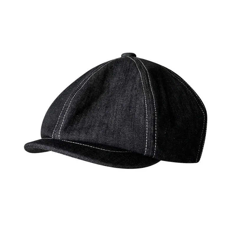 Black Japanese denim cotton beret hat shown on adult head