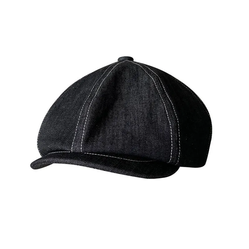 Black Japanese denim cotton beret hat shown on adult head