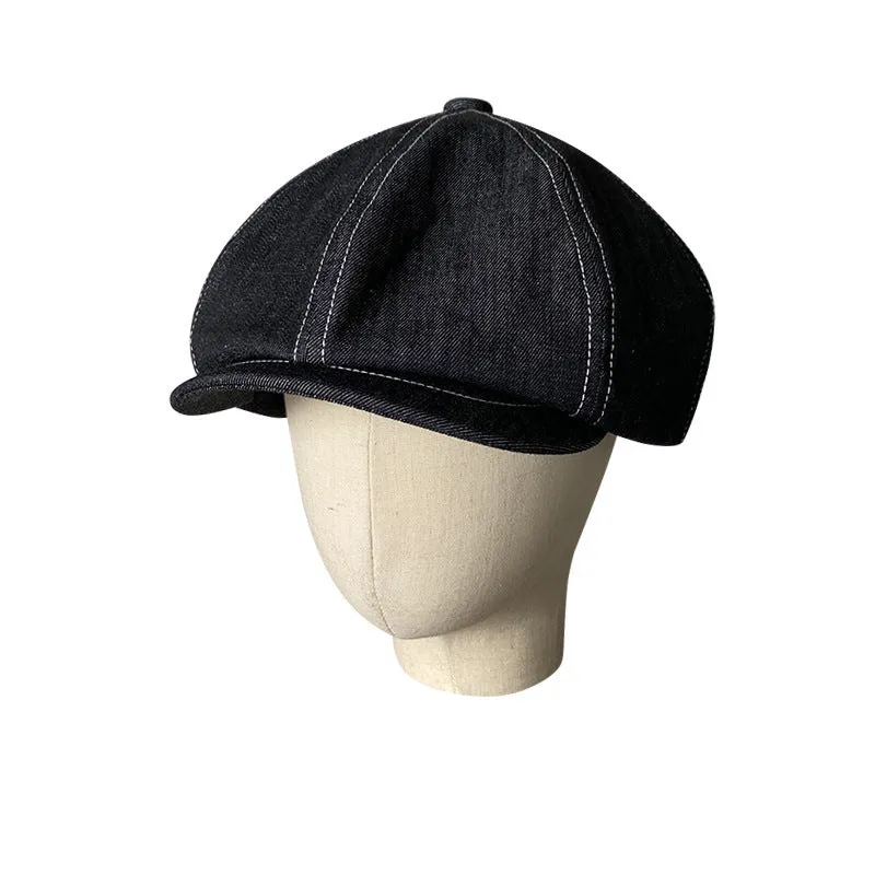 Black Japanese denim cotton beret hat shown on adult head