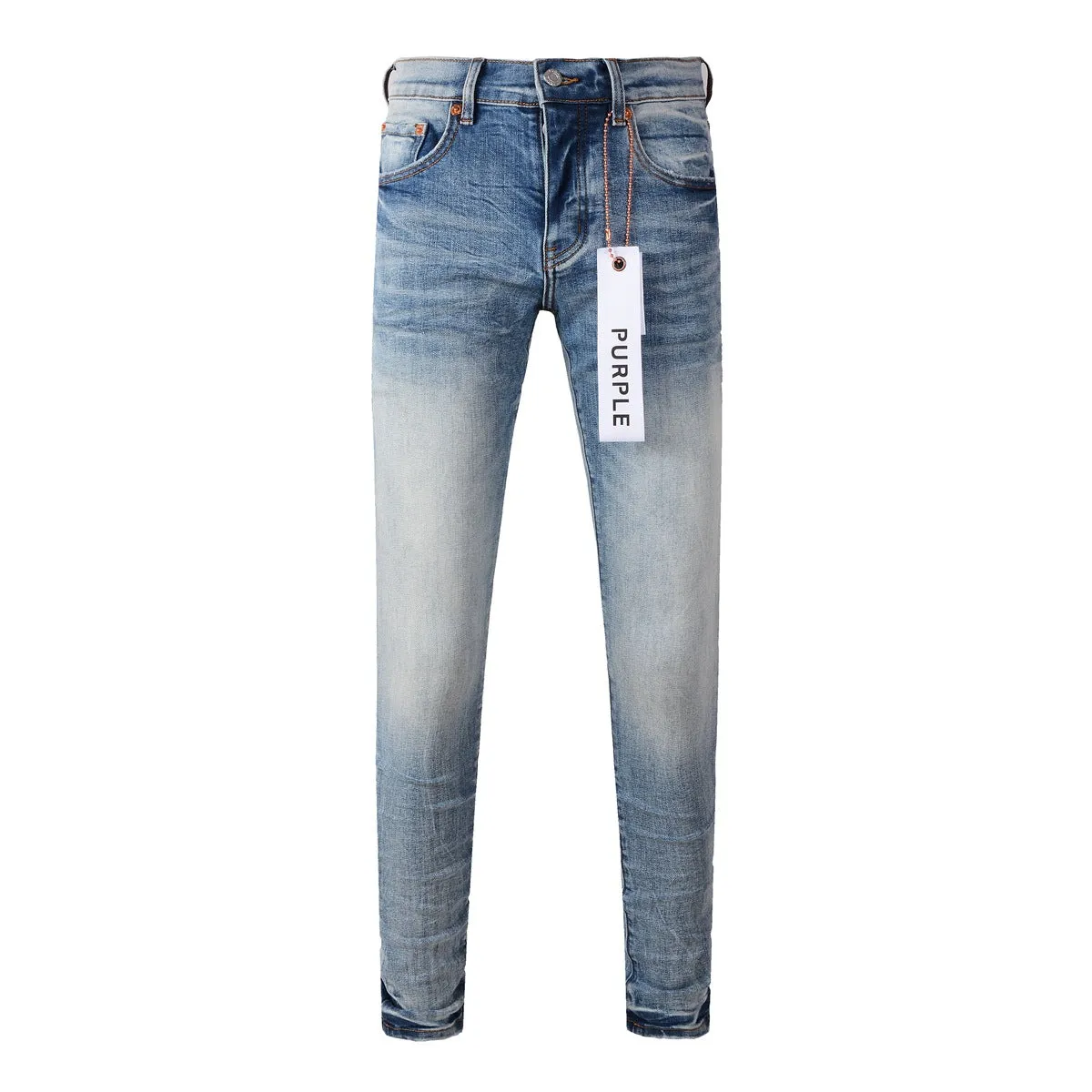 Men's blue denim pencil leg jeans with low waist and zipper fly on a person standing