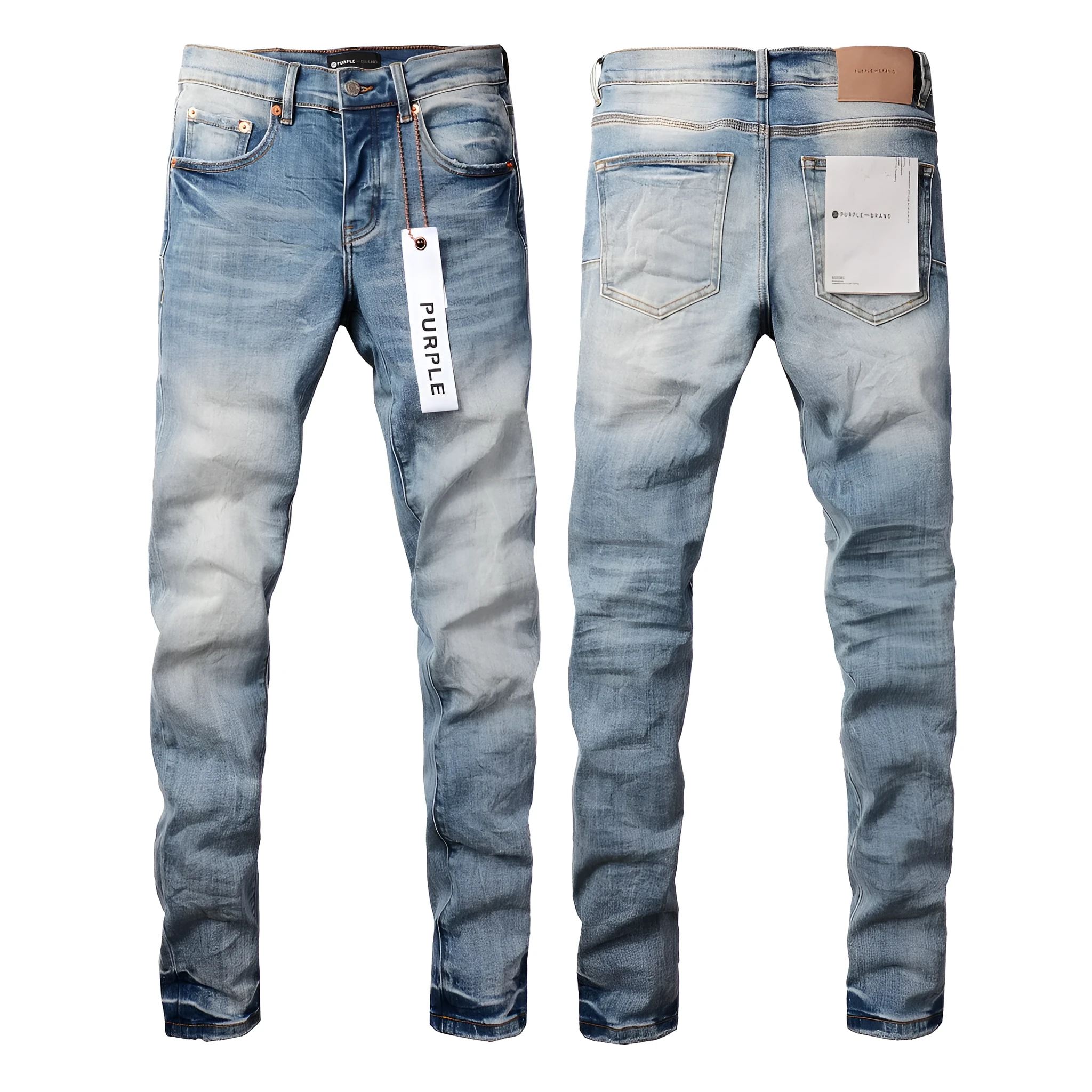 Men's blue denim pencil leg jeans with low waist and zipper fly on a person standing