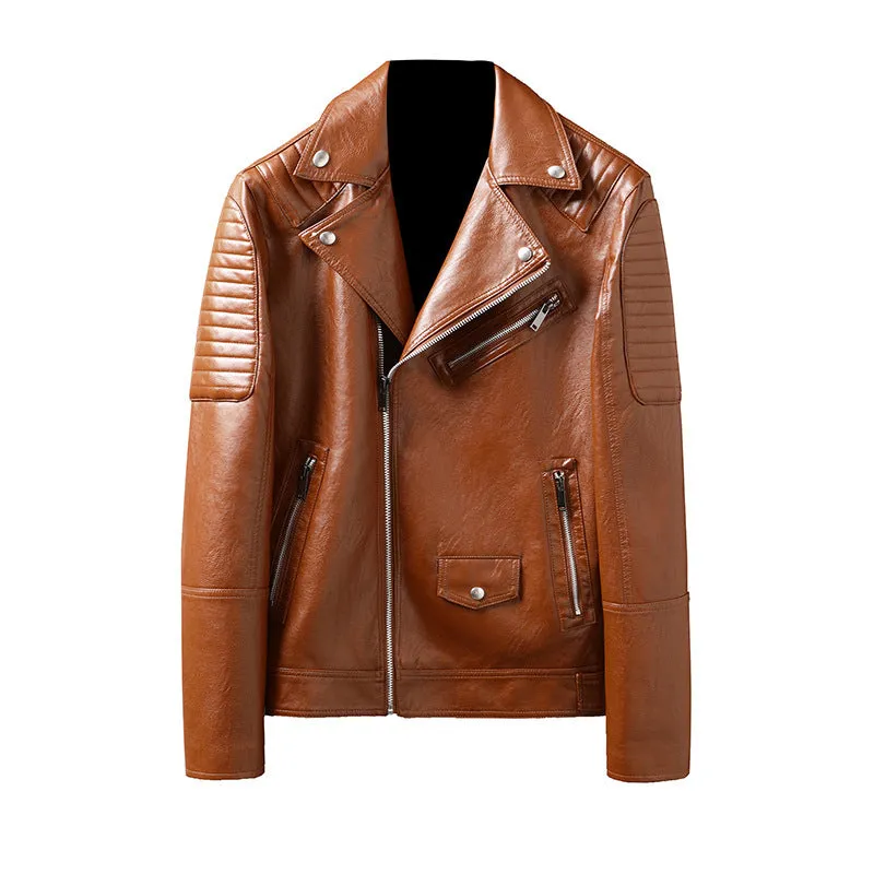 Slim-fit PU leather biker jacket for men in black, featuring zipper pocket and stand collar