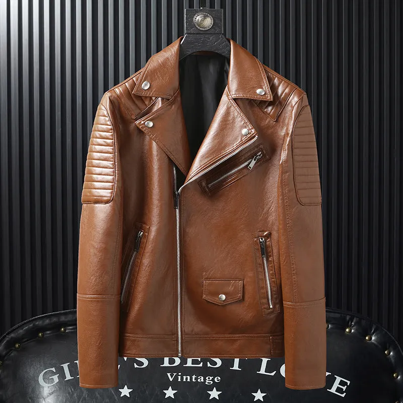 Slim-fit PU leather biker jacket for men in black, featuring zipper pocket and stand collar