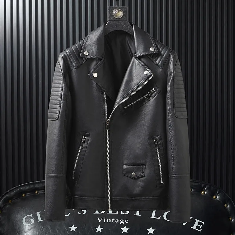 Slim-fit PU leather biker jacket for men in black, featuring zipper pocket and stand collar