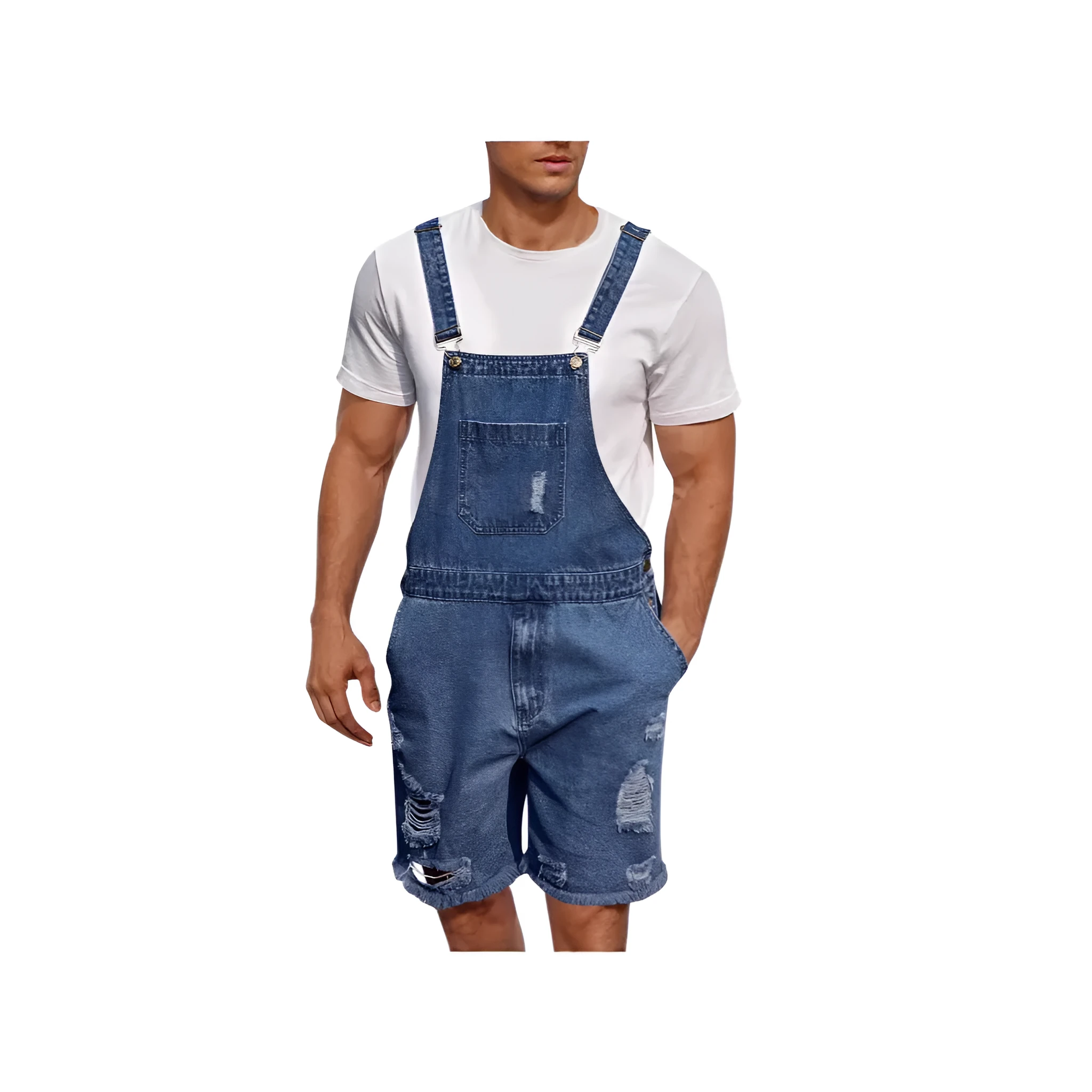 Men's dark blue denim suspender shorts with ripped detailing and a straight-leg fit.