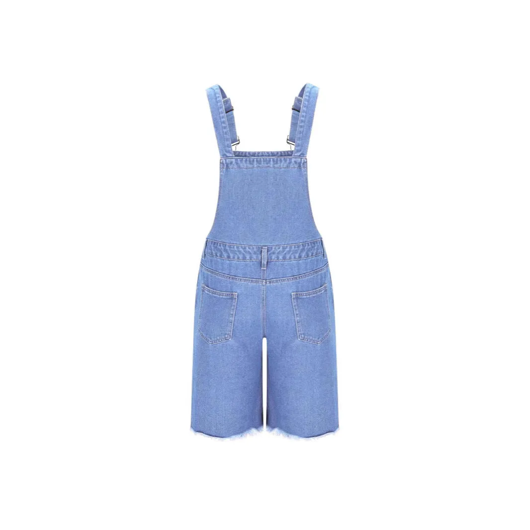 Men's dark blue denim suspender shorts with ripped detailing and a straight-leg fit.