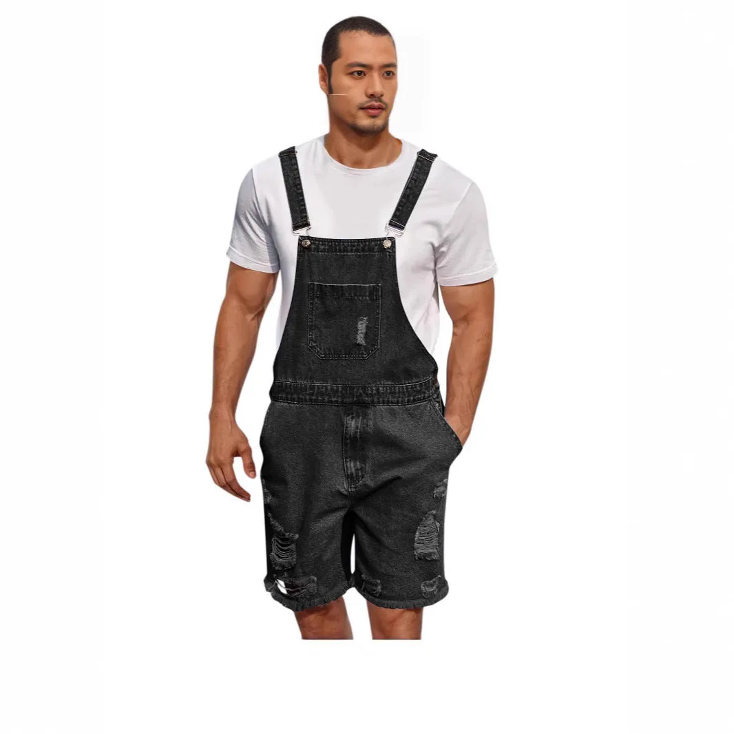 Men's dark blue denim suspender shorts with ripped detailing and a straight-leg fit.