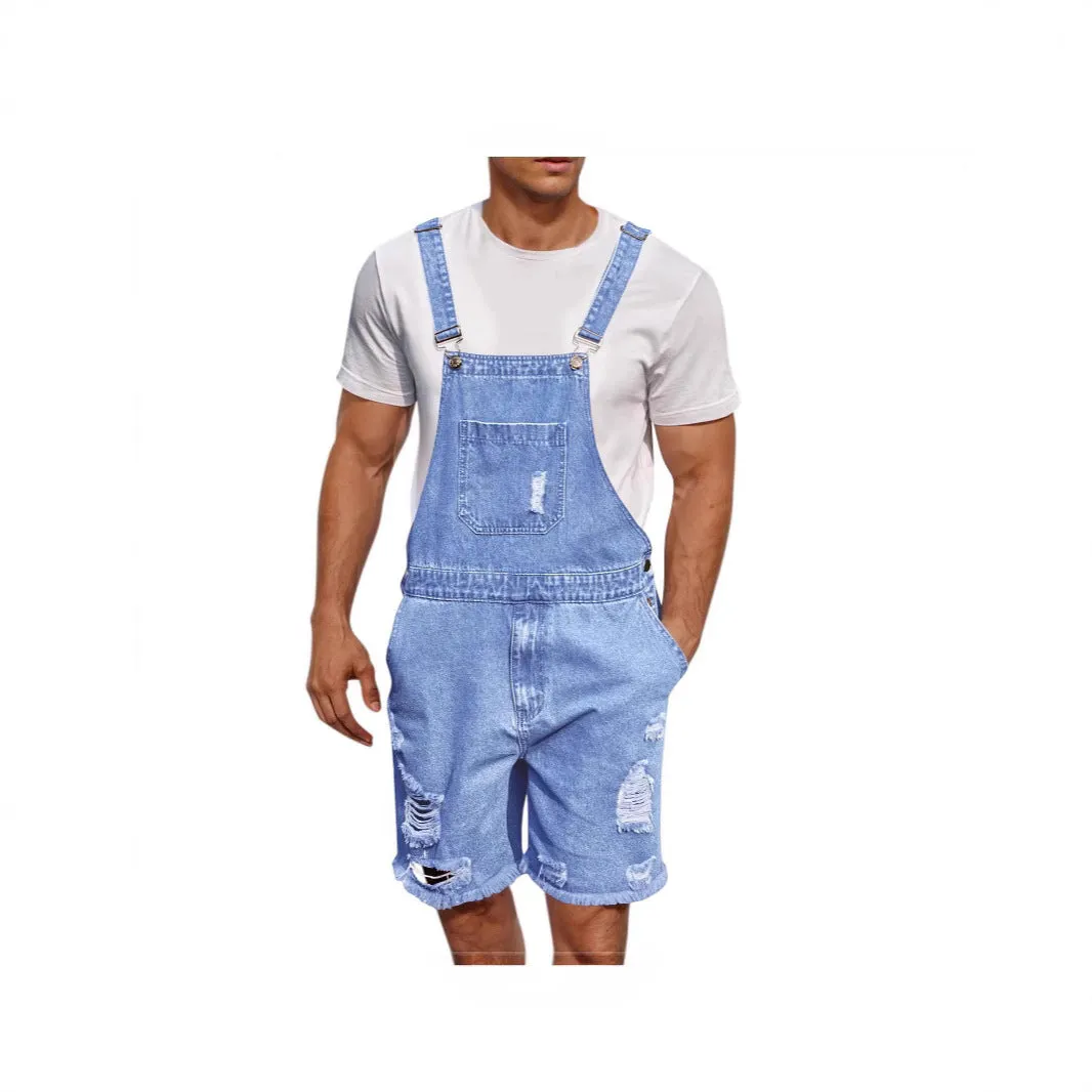 Men's dark blue denim suspender shorts with ripped detailing and a straight-leg fit.