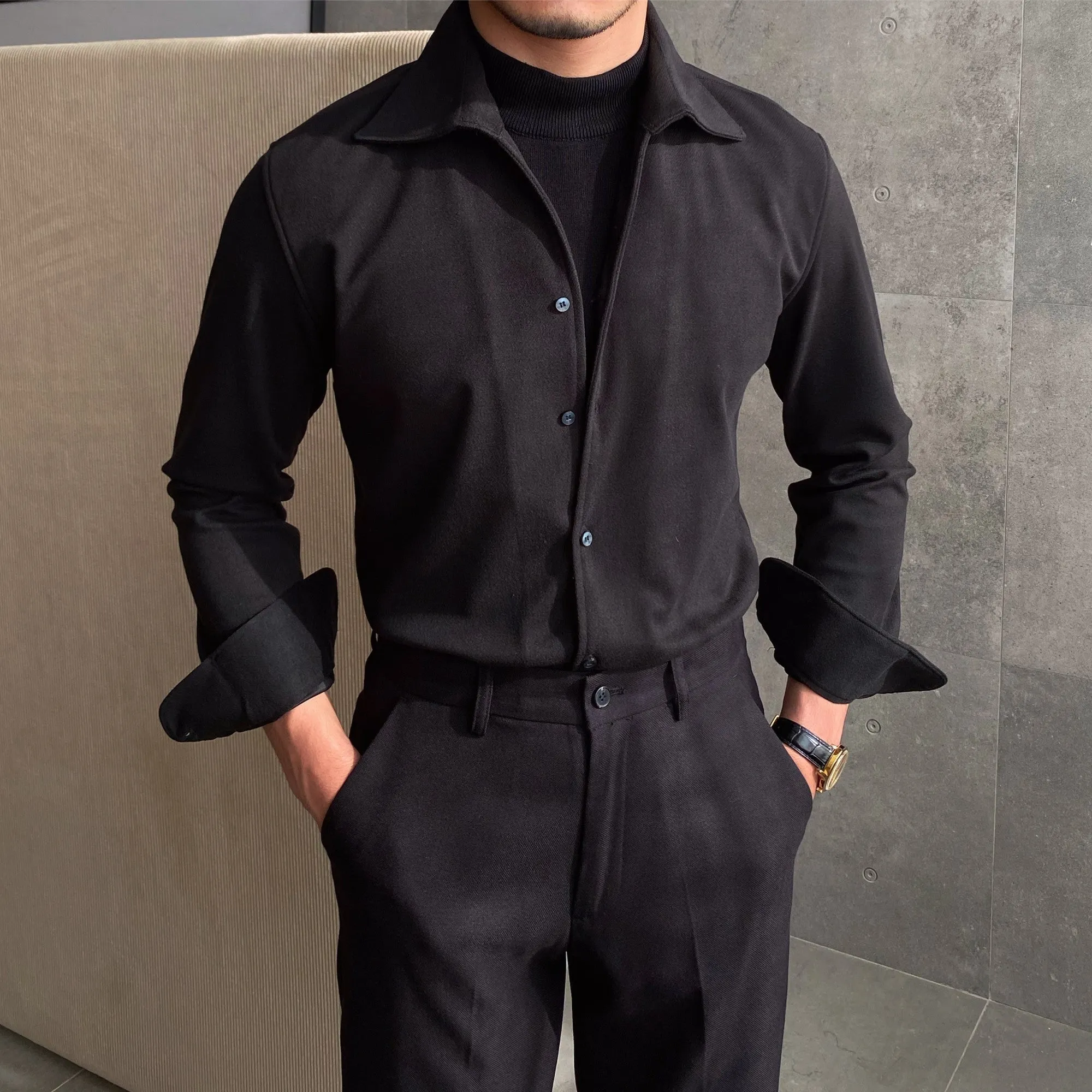 Casual men's shirt in blue with asymmetric design, viscose polyester blend, sizes M to 4XL