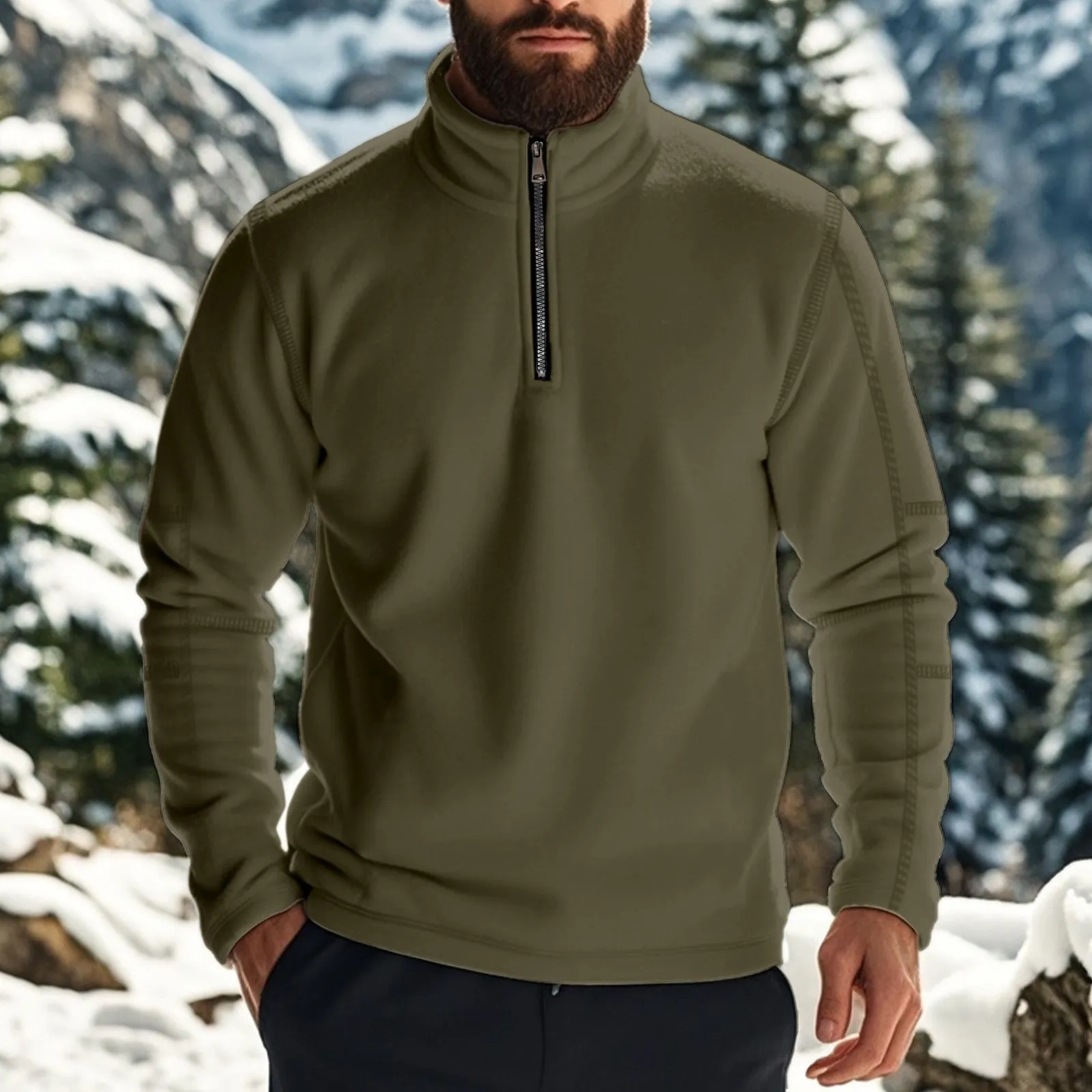 Men's fleece lined solid colour long sleeve pullover sweatshirt in light blue, front view, loose fit for casual winter wear