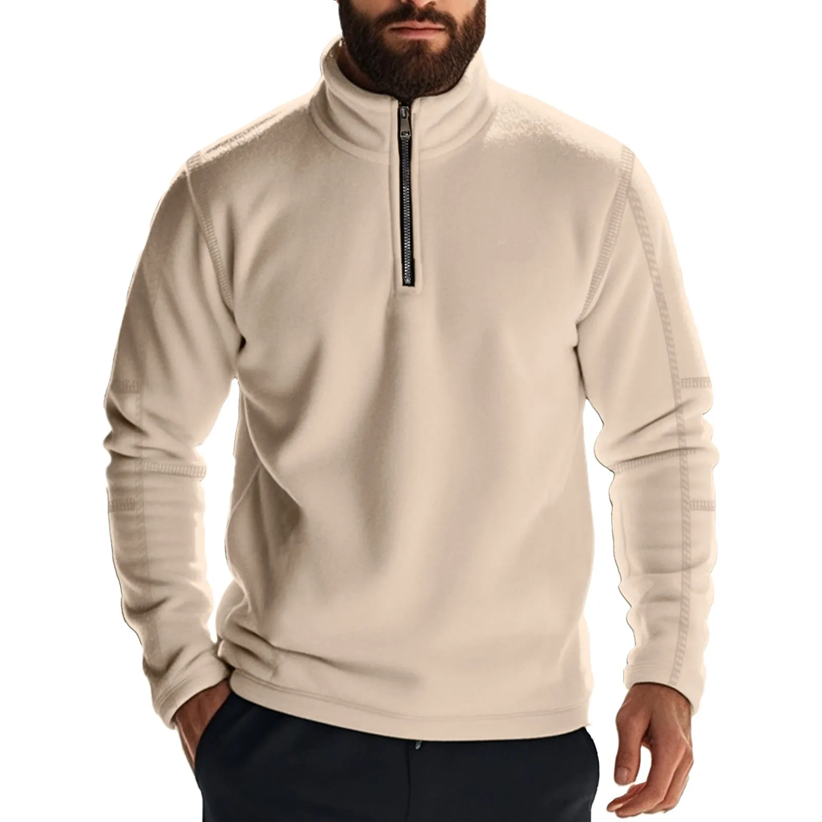 Men's fleece lined solid colour long sleeve pullover sweatshirt in light blue, front view, loose fit for casual winter wear