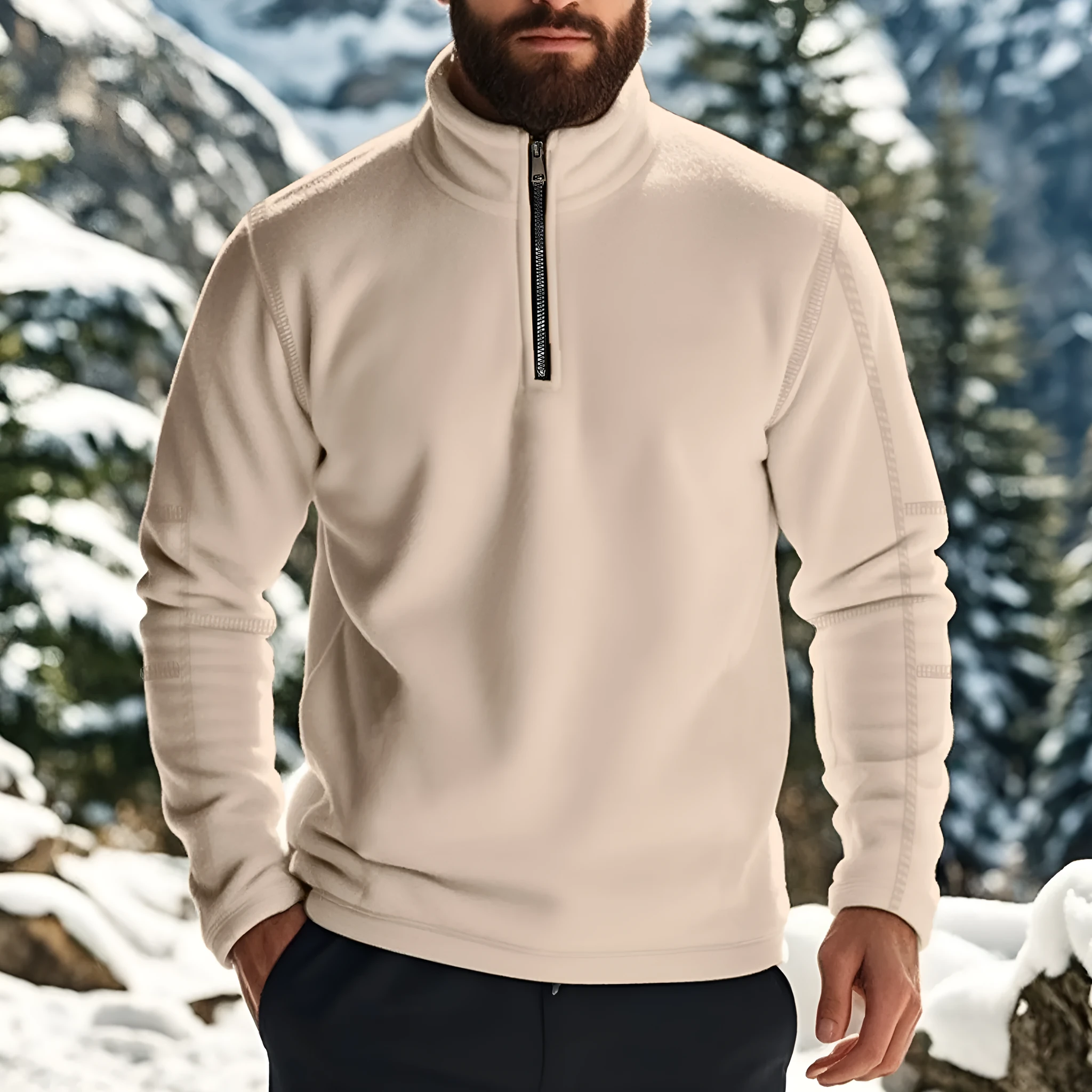 Men's fleece lined solid colour long sleeve pullover sweatshirt in light blue, front view, loose fit for casual winter wear