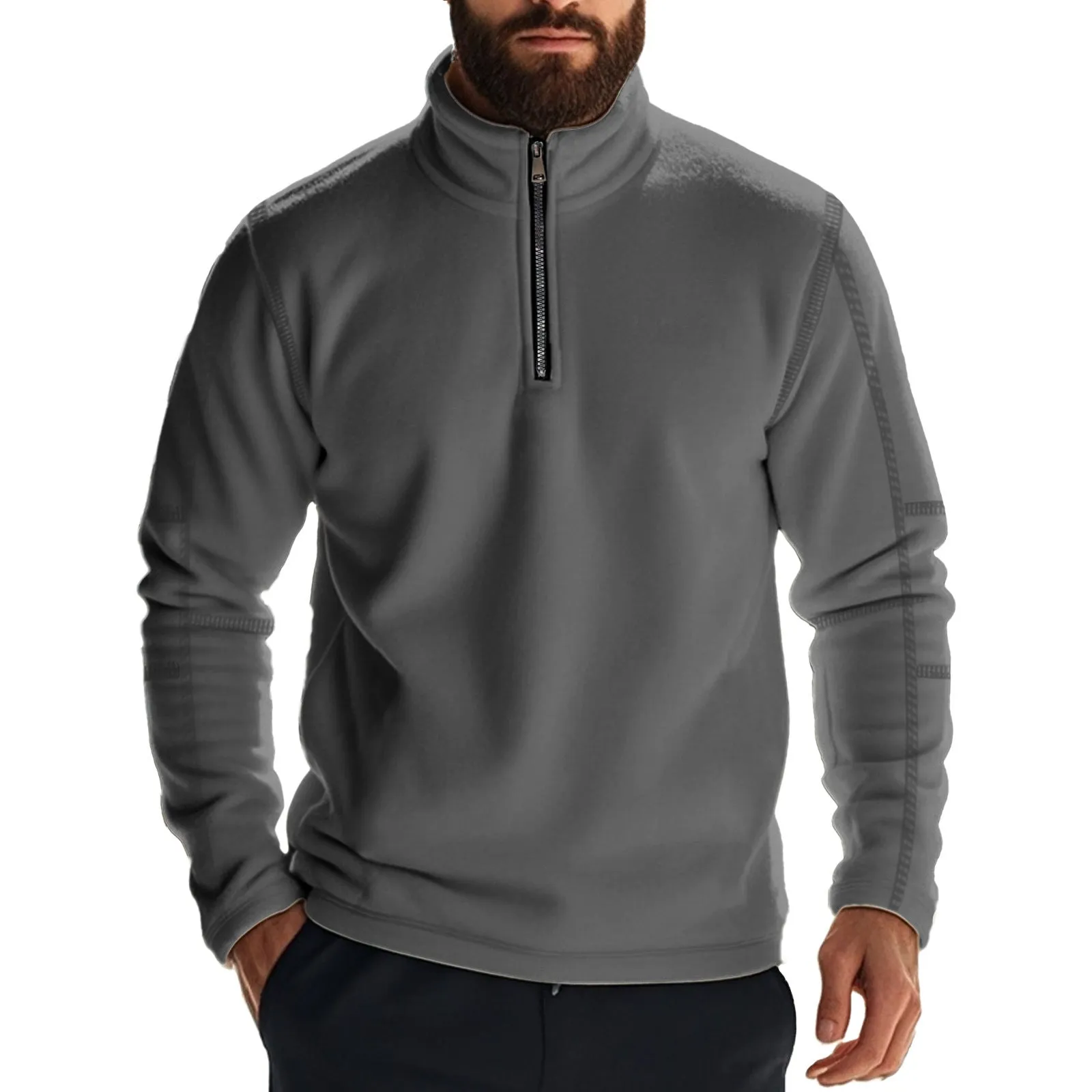 Men's fleece lined solid colour long sleeve pullover sweatshirt in light blue, front view, loose fit for casual winter wear