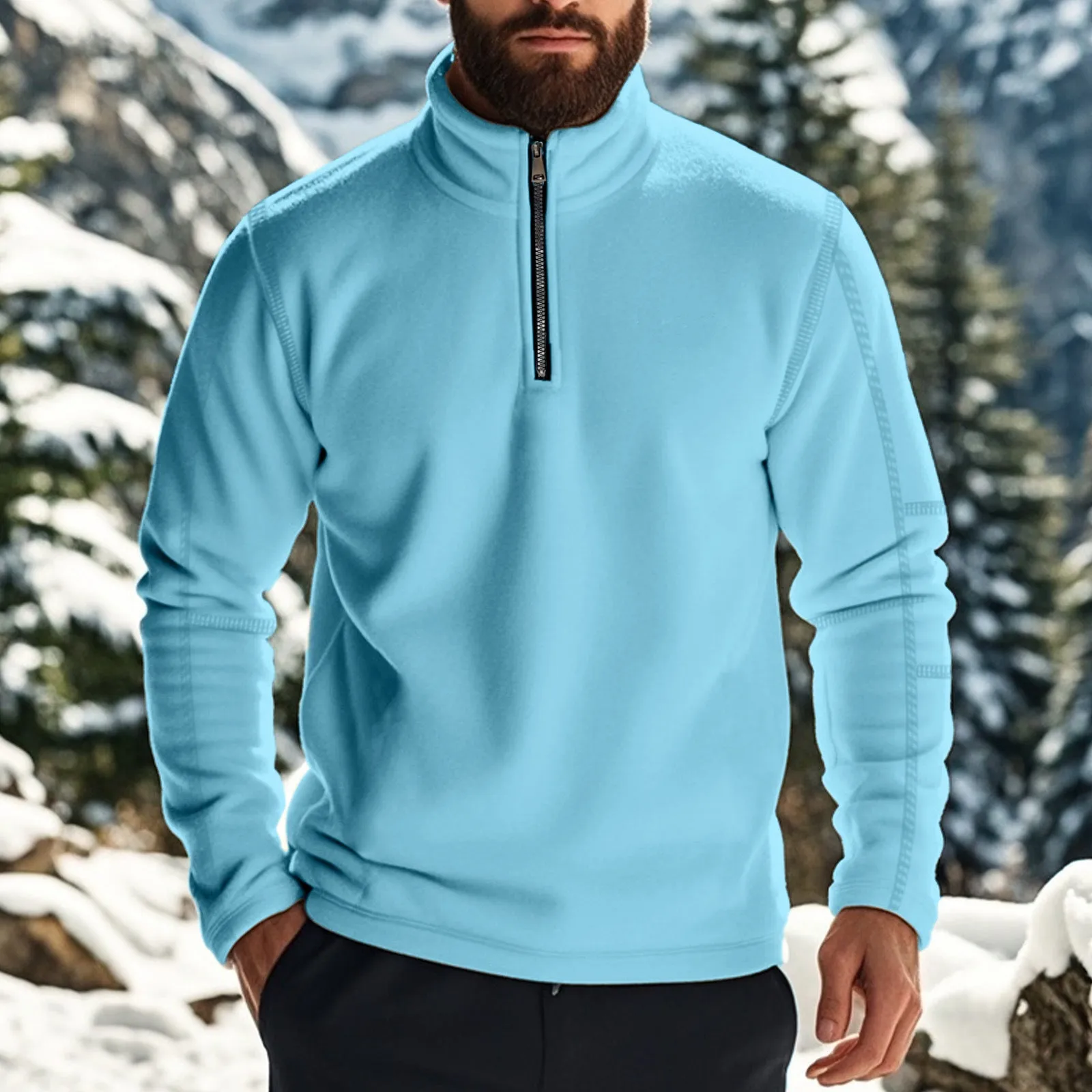 Men's fleece lined solid colour long sleeve pullover sweatshirt in light blue, front view, loose fit for casual winter wear