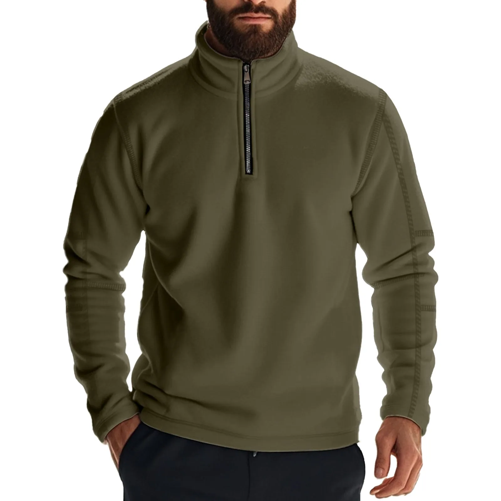 Men's fleece lined solid colour long sleeve pullover sweatshirt in light blue, front view, loose fit for casual winter wear